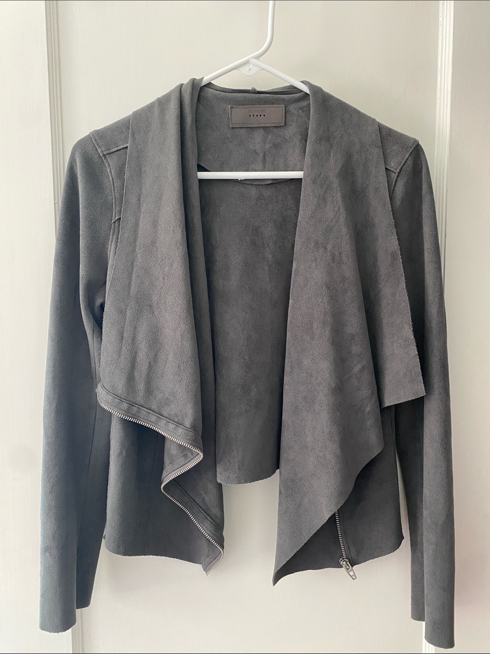 Blank NYC Gray Suede-Style Drape Front Jacket